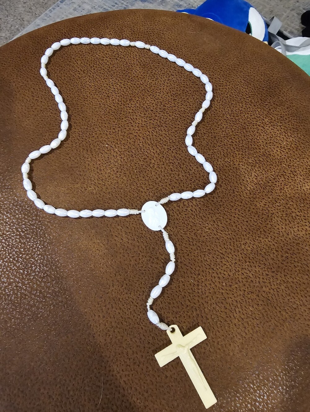 Vintage White Bead Plastic Rosary Necklace with Cross - Unbranded